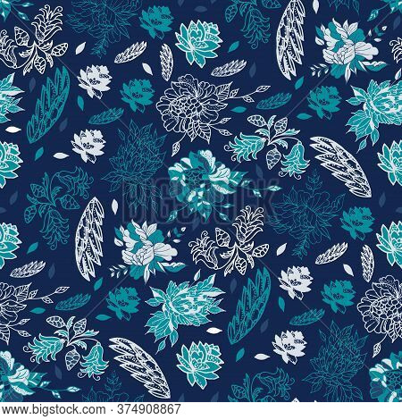 Doodle Style Floral Background. Seamless Pattern. Background With Roses, Petals, Leaves And Flower B