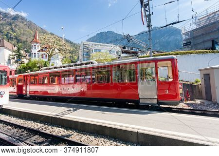 Vitznau, Switzerland - April 20, 2014:  Railway Station For Trip From Lake Lucerne Shore To Mount Ri