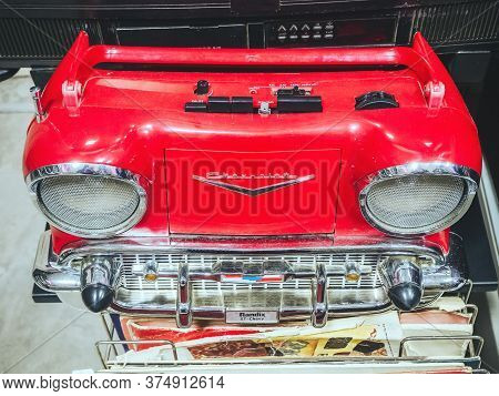 Russia, Sochi 14.03.2020. Red Music Player In The Form Of The Front Of A Retro Car. Retro Museum Exh