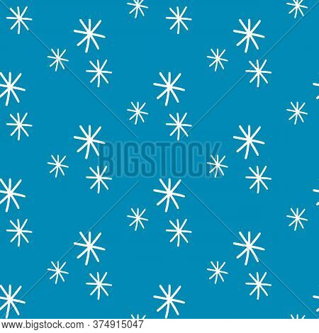 White Snowflakes On Blue Background. Seamless Pattern In Scandinavian Modern Style. Ornament For Fab