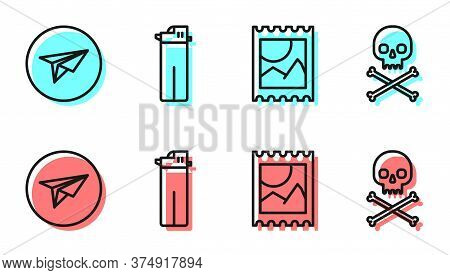 Set Line Lsd Acid Mark, Messenger, Lighter And Skull On Crossbones Icon. Vector