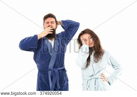 Go To Bed. All Day Pajamas. Sleepy People White Background. Couple In Love Bathrobes. Drowsy And Wea