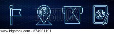 Set Line Envelope, Location Marker, Location And Mail And E-mail And Mail And E-mail. Glowing Neon I
