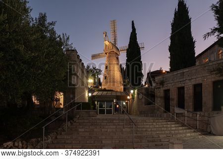 Jerusalem, Israel, June 26, 2020 : The Famous Montefiore Windmill Built In 1857, Now With Neighborho