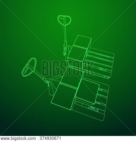 Hand Pallet Jack Lift With Pallet And Stacked Goods Cardboard Boxes. Manual Forklift. Logistics Ship