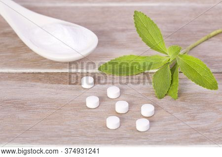 Natural Sweetener In Pills Of Stevia Plant - Stevia Rebaudiana.
