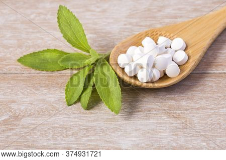 Natural Sweetener In Pills Of Stevia Plant - Stevia Rebaudiana.