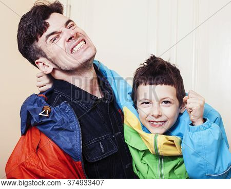 Faher And Son Together Having Fun At Home, Lifestyle Happy Family, People At Home