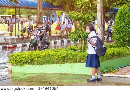 Kanchanaburi,thailand-july 2,2020:thai Students Wear Various Medical Masks To Prevent Themselves Fro