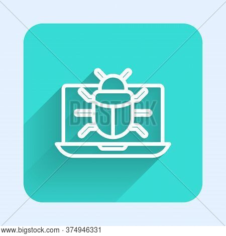 White Line System Bug On Monitor Icon Isolated With Long Shadow. Code Bug Concept. Bug In The System