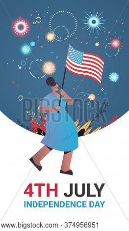 Happy Woman Holding United States Flag Celebrating American Independence Day Holiday 4th Of July Ban