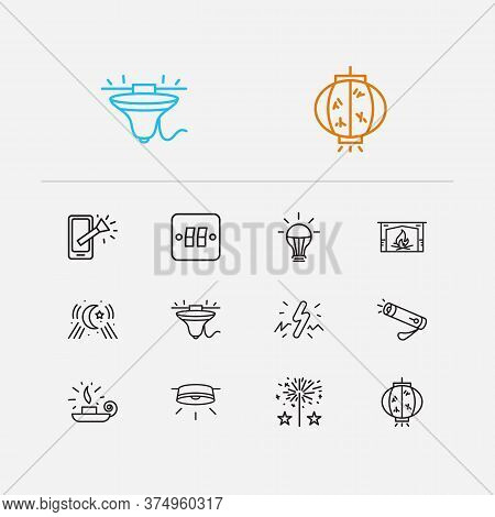 Bright Icons Set. Moonlight And Bright Icons With Light Switcher, Ceiling Lamp And Wall Sconce. Set 