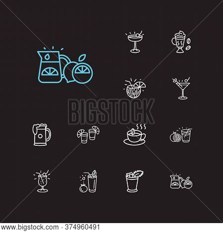Beverage Icons Set. Coconut Cocktail And Beverage Icons With Mint Julep, Pomegranate Juice And Mary 