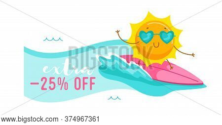 Extra Off Banner With Cute Cartoon Sun Character Wearing Heart Sunglasses Riding Surf Board. Summer 