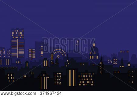 Vector Illustration. Night City, Houses High-rise Buildings