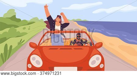 Young Trendy Happy Hipster Couple In Love Having Trip Along Country Road By Red Cabriolet. Laughing 