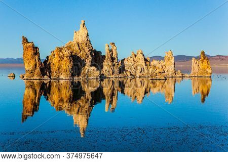 Picturesque Mono lake. California. Sunset. The columns - remains of 