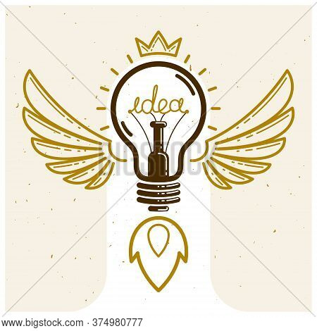 Idea Light Bulb With Wings Launching Like A Rocket Vector Linear Logo Or Icon, Creative Idea Startup