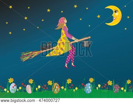 Easter Witch Woman Flying On Her Broom. As Tradition In Sweden She Is Bringing Her Black Cat And Cof