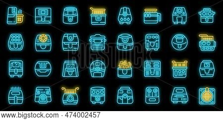 Air Fryer Icons Set Outline Vector. Fry Bakery. Cook Food Neon Color On Black