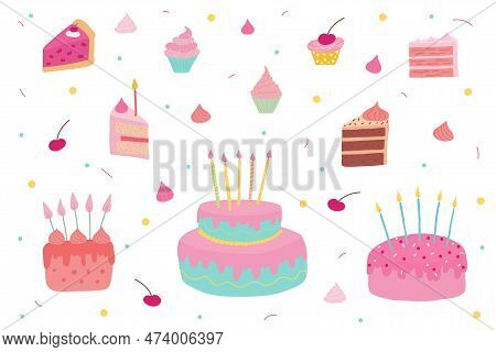 Hand-drawn Baked Cakes With Candles, Cake Slices, Cupcakes, And Vector Set. Festive Culinary Icons F