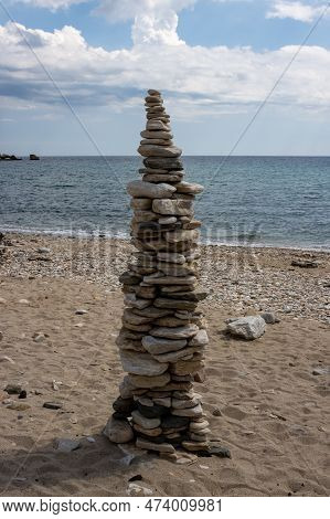 Towers Made Of Beach Pebbles As A Speciality Of This Beach, Where Are Many Of Them. Calm Thracian Se