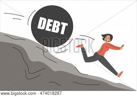 Woman Running Away From The Big Debt Vector Isolated. Large Stone Falling From The Mountain. Concept