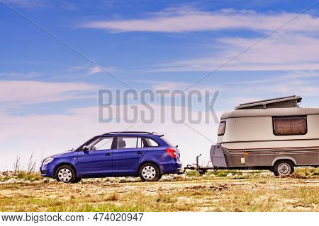 Caravan Trailer Camping On Coast, Spain.