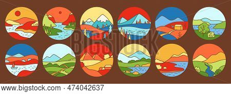 Nature Field Landscape Scenery Four Seasons Round Linear Sticker Set. Abstract Bright Nature Monthly