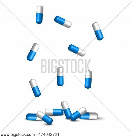 Falling Capsules Tablets For Medical Design. Vector Illustration.
