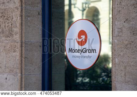 Bordeaux , Aquitaine  France - 04 02 2023 : Moneygram Brand Money Transfer Sign Text And Logo Front 