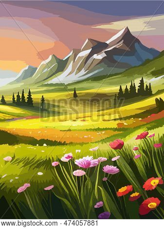 Spring Nature And Landscape. Vector Illustration Of Mountains, Flowers, Plants, Fields, Vertical Pos