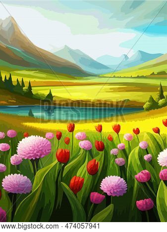 Spring Nature And Landscape. Vector Illustration Of Mountains, Flowers, Plants, Fields, Vertical Pos