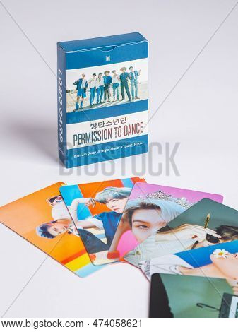 Novosibirsk, Russia -  April 03, 2023:    Photo Cards Of Popular South Korean Boy Band Bts. Kpop Mer