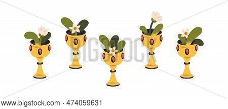 Gold Goblet Award With Blooming Flowers Set. Floral Plants, Leaves In Golden Winner Cup. Blossoming 