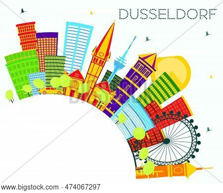 Dusseldorf Skyline With Color Buildings, Blue Sky And Copy Space. Vector Illustration. Business Trav