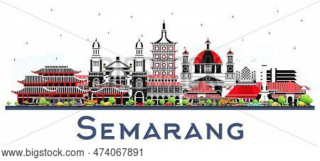 Semarang Indonesia City Skyline With Color Buildings Isolated On White. Vector Illustration. Busines