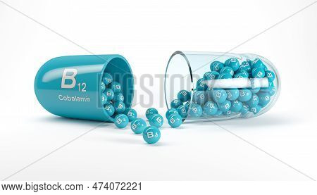 3d Rendering Of A Vitamin Capsule With Vitamin B12 - Cobalamin On White Floor. - Dietary Supplements