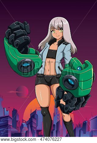 Anime Style Illustration Of Teenage Girl With Robotic Arms In Futuristic City.