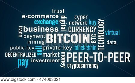 Illustration Of A Keyword Cloud With Terms Related To Bitcoin With White And Blue Text On Dark Backg