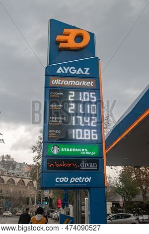 Istanbul, Turkey - December 11, 2022: Fuel Price Board On Aygaz Gas Station.