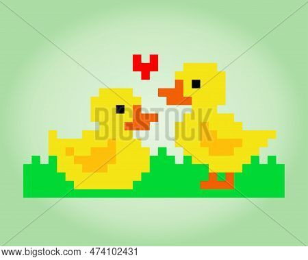 8 Bit Pixel Duck Couple Fall In Love. Animal Game Assets In Vector Illustrations.