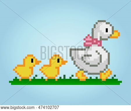 8 Bit Pixel Parent Duck And Cubs. Animals Pixel For Game Assets And Cross Stitch Patterns In Vector 