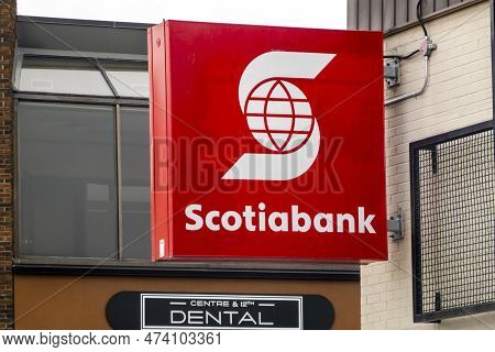 Calgary, Alberta, Canada. Apr 04, 2023. A Scotiabank Neon Sign. Canadian Multinational Banking And F