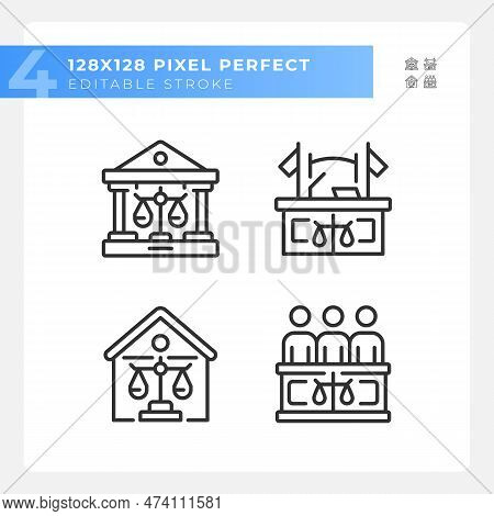 State Institutions Of Law Pixel Perfect Linear Icons Set. Government Court Institution. Legal Protec