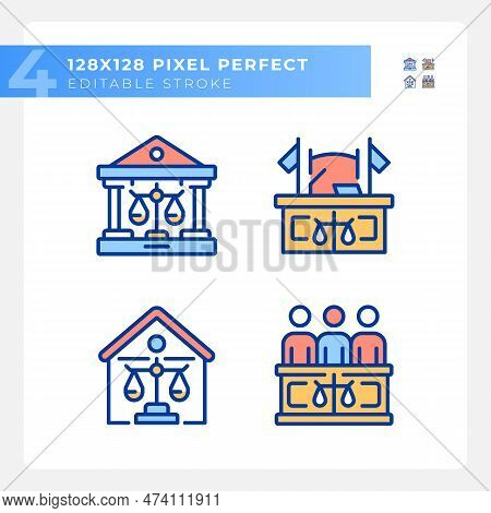 State Institutions Of Law Pixel Perfect Rgb Color Icons Set. Government Court Institution. Legal Pro