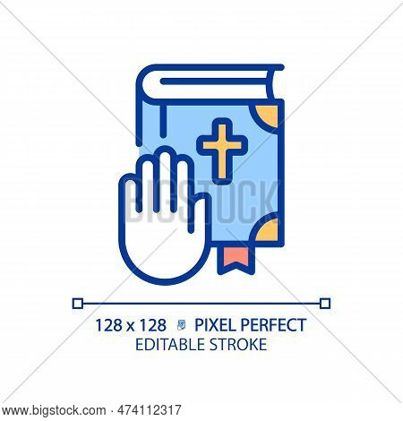 Oath On Bible In Law Court Pixel Perfect Rgb Color Icon. Religious Ritual In Judgement. Promise Of W