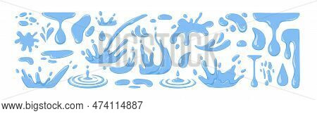 Water Splashes, Drops Set. Aqua In Motion, Blue Liquid Falling, Dripping, Flowing. Droplets, Splatte