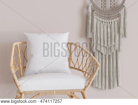 White Square Pillow In Modern Room. Blank Cushion Case Template For Your Graphic Design Presentation