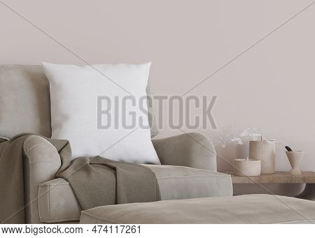 White Square Pillow In Modern Room. Blank Cushion Case Template For Your Graphic Design Presentation